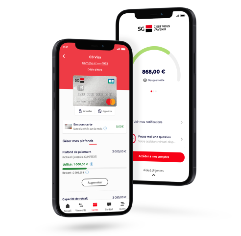 Application mobile SG affichée sur deux smartphones